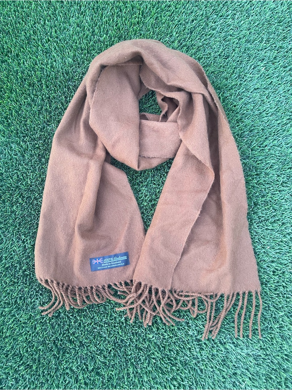 Vintage 100% Cashmere Scarf Made in Scotland - Solid Brown Fringe